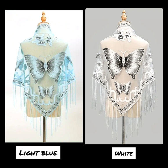 Lace Tassel Butterfly Print Shawl Triangular Scarf, Windproof cover up scarf new - Picture 3 of 10